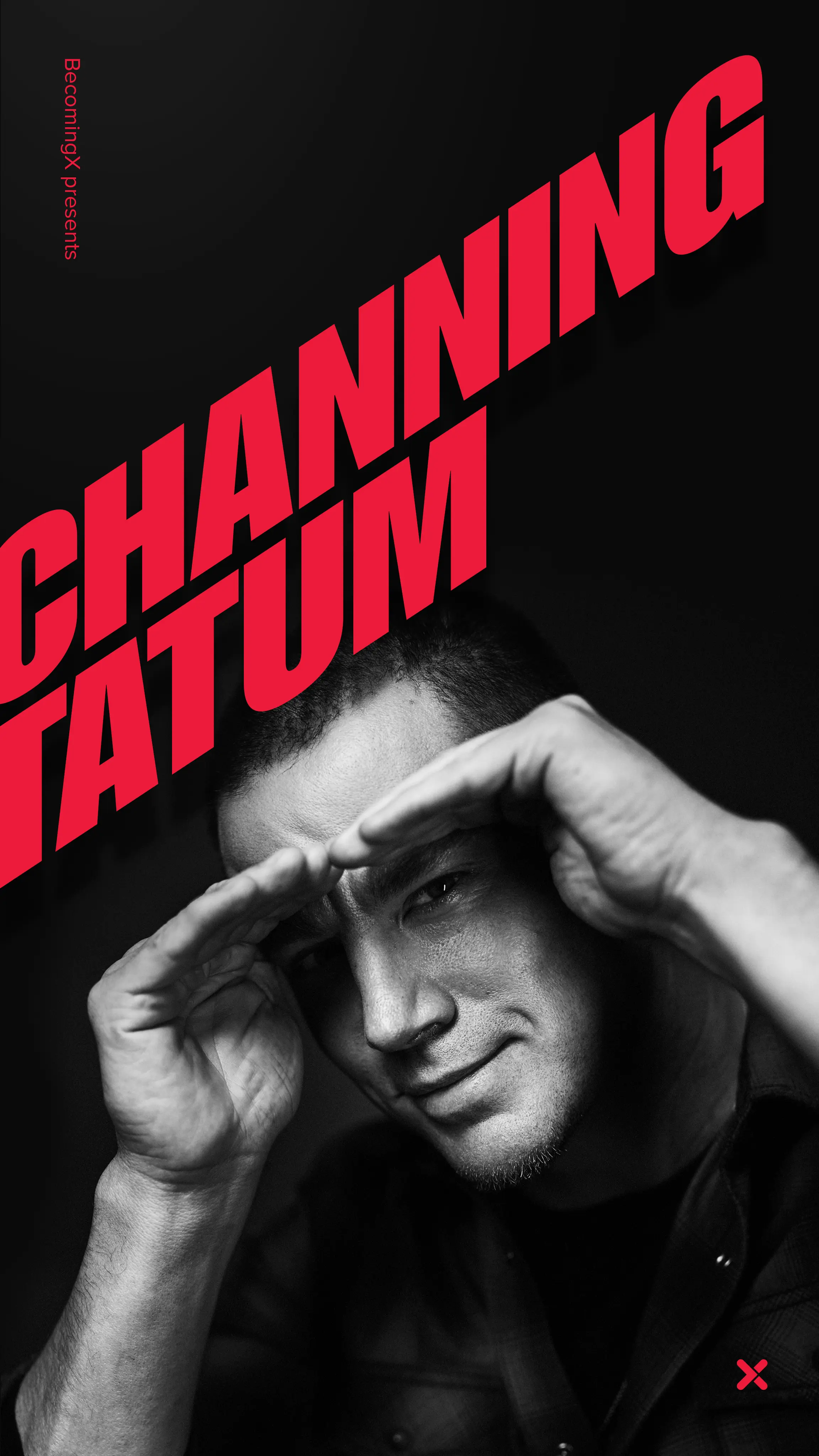 Portrait of Channing Tatum, Hollywood film star smiling and looking into camera. Channing Tatum text overlaid.