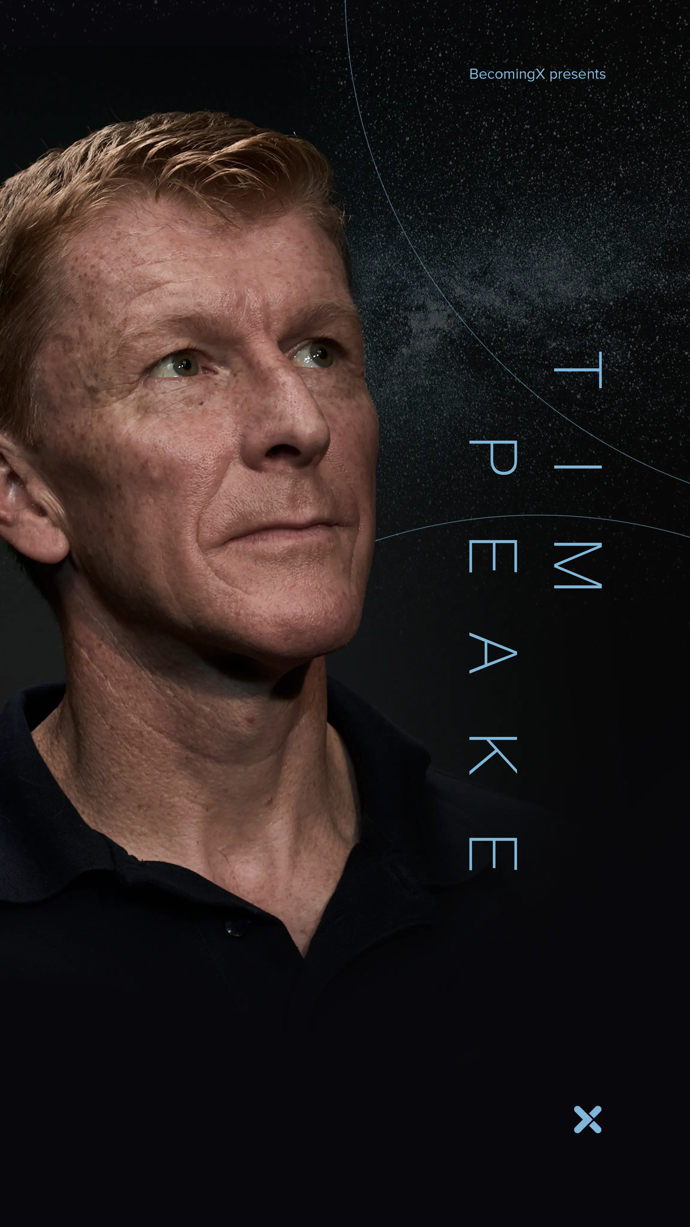 Portrait of Tim Peake, the first British astronaut to visit the International Space Station. Tim Peake text overlaid.