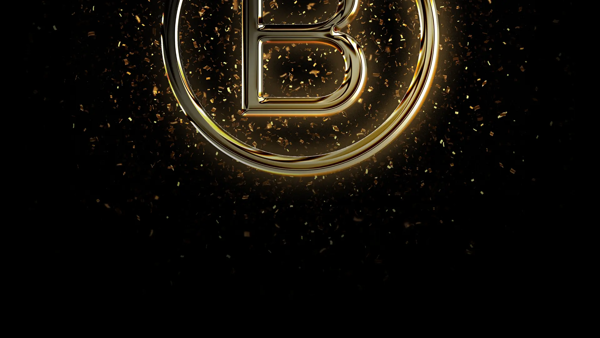 The B-Corp logo in shiny gold with flecks of golden confetti