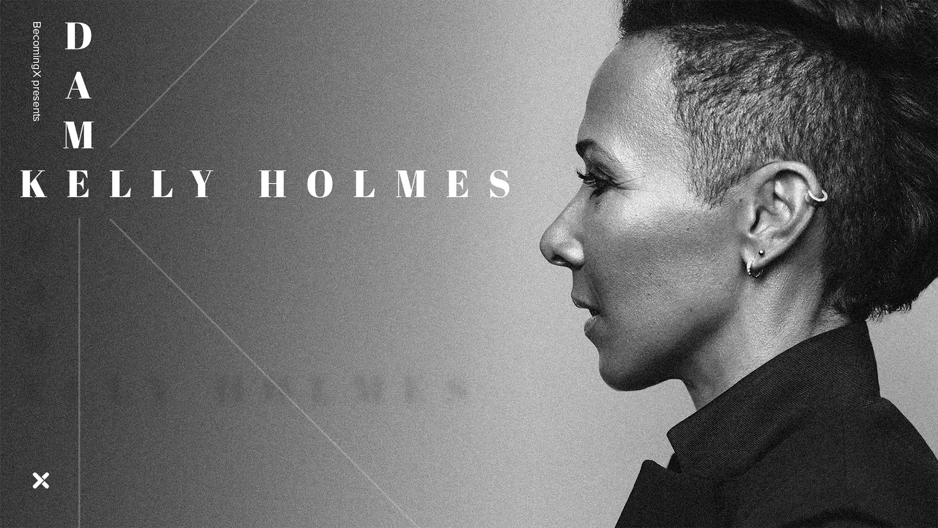 Portrait of Dame Kelly Holmes, double Olympic gold medal-winning runner. Kelly Holmes text overlaid.