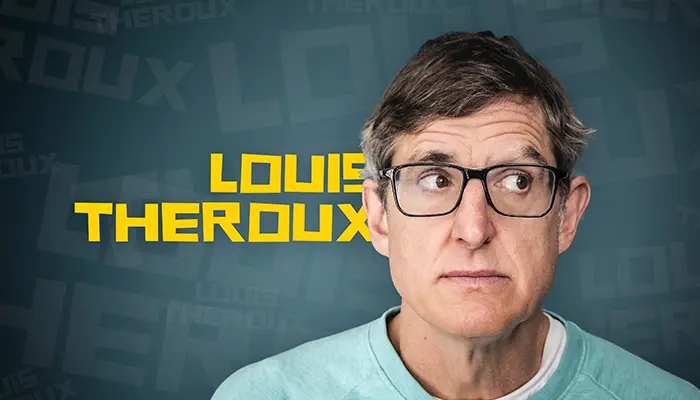 Louis Theroux looking away to his left with his name in large letters behind