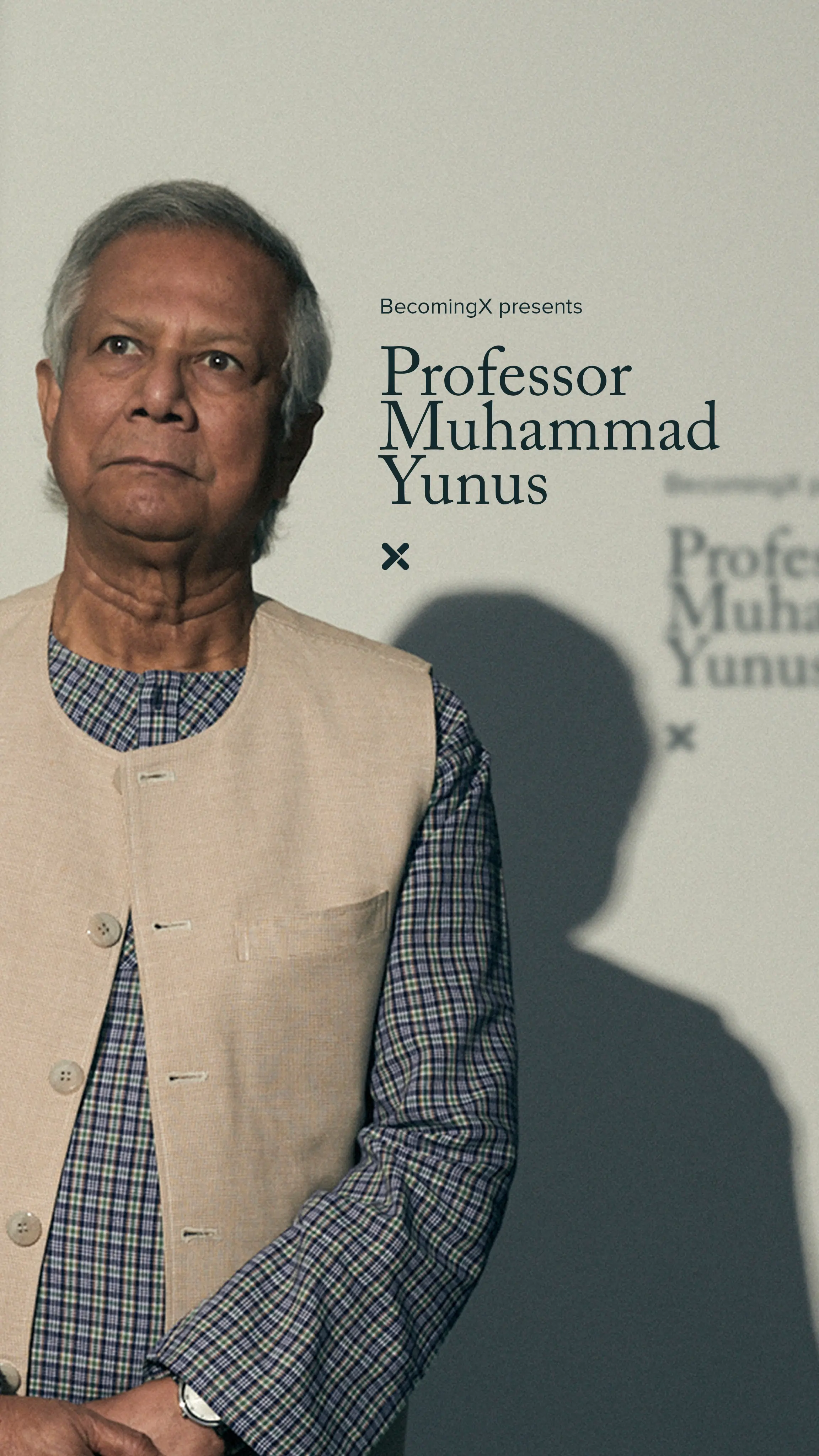 Portrait of Muhammad Yunus, Nobel Peace Prize winner and Bangladeshi leader. Professor Muhammad Yunus text overlaid.