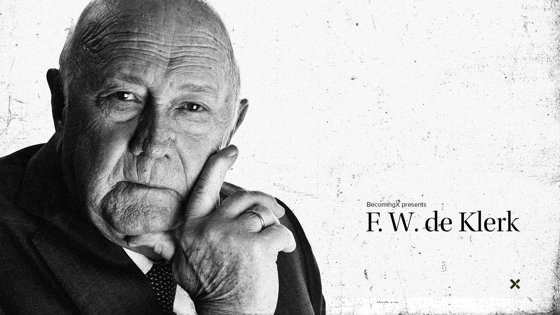 Portrait of F.W. de Klerk, former South African President nad Nobel Peace Prize winner. F.W. de Klerk text overlaid.