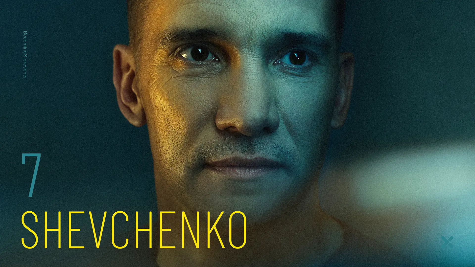 Portrait of Andriy Shevchenko, Ukrainian footballer and UNITED24 ambassador. Shevchenko and number 7 text overlaid.