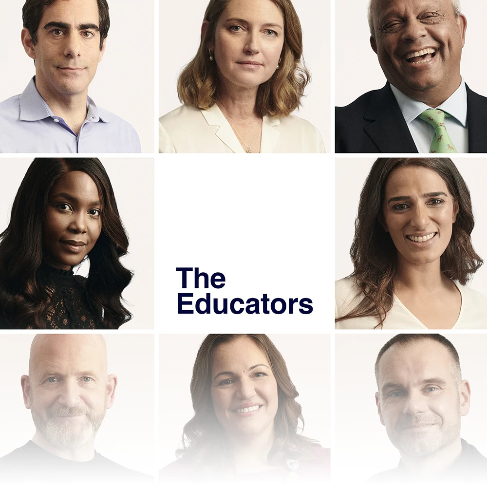 Stylised graphic featuring portraits of The Educators