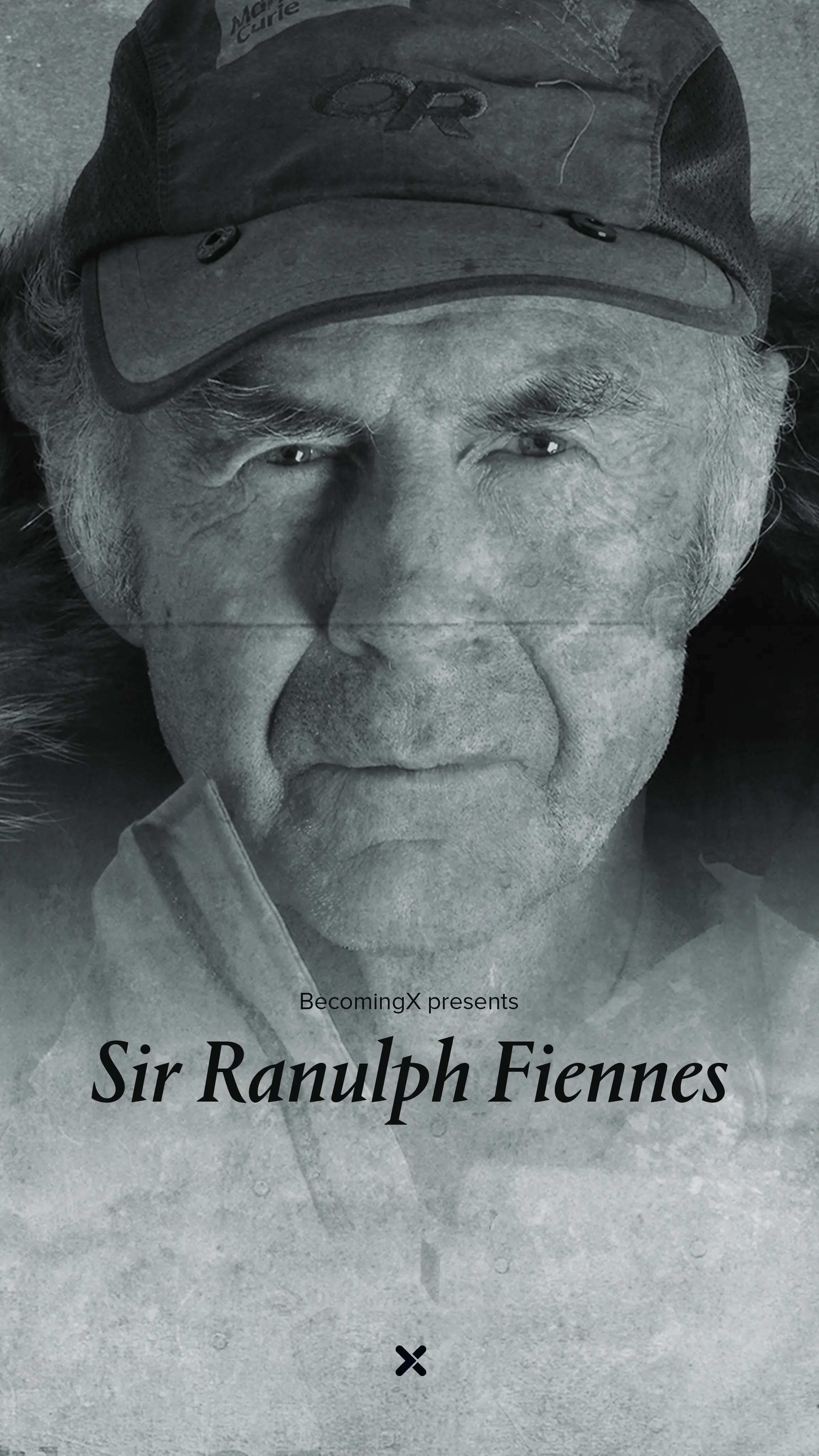 Portrait of Sir Ranulph Fiennes, the worlds greatest living explorer, in polar gear. Sir Ranulph Fiennes text overlaid.