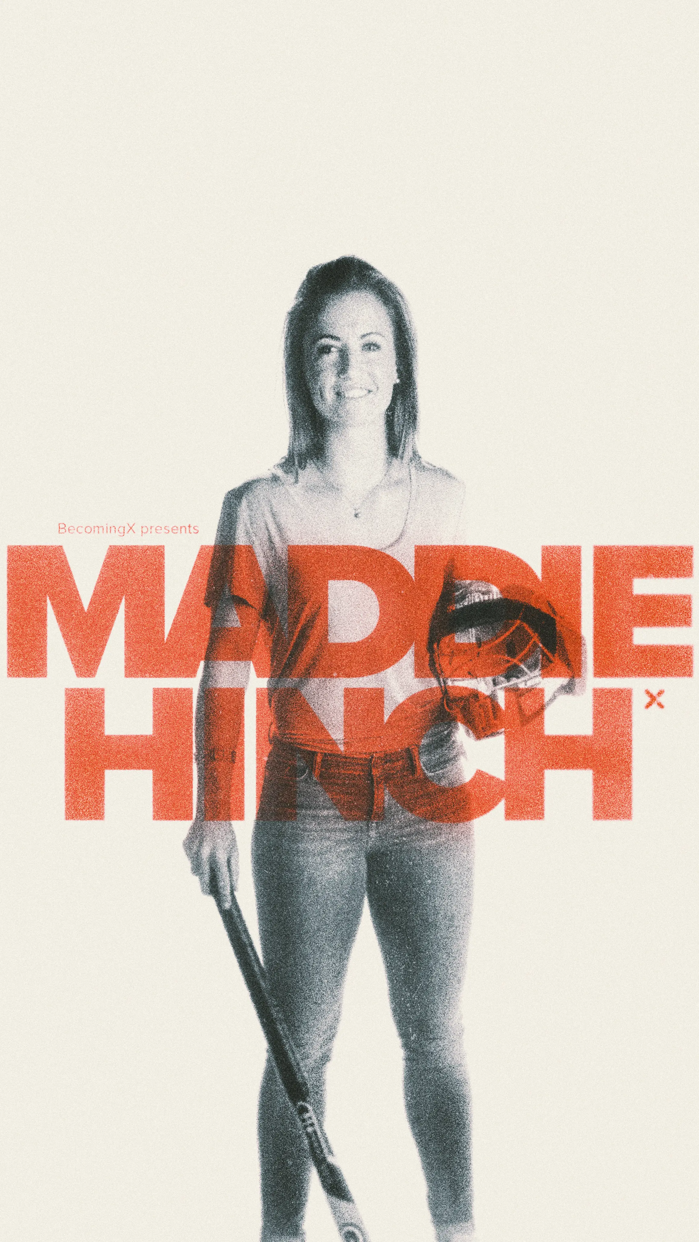 Portrait of Maddie Hinch, Olympic hockey goalkeeper and gold medallist, with hockey stick. Maddie Hinch text overlaid.