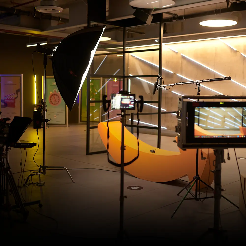 Cameras, lights and microphones set up for a film project for Amazon