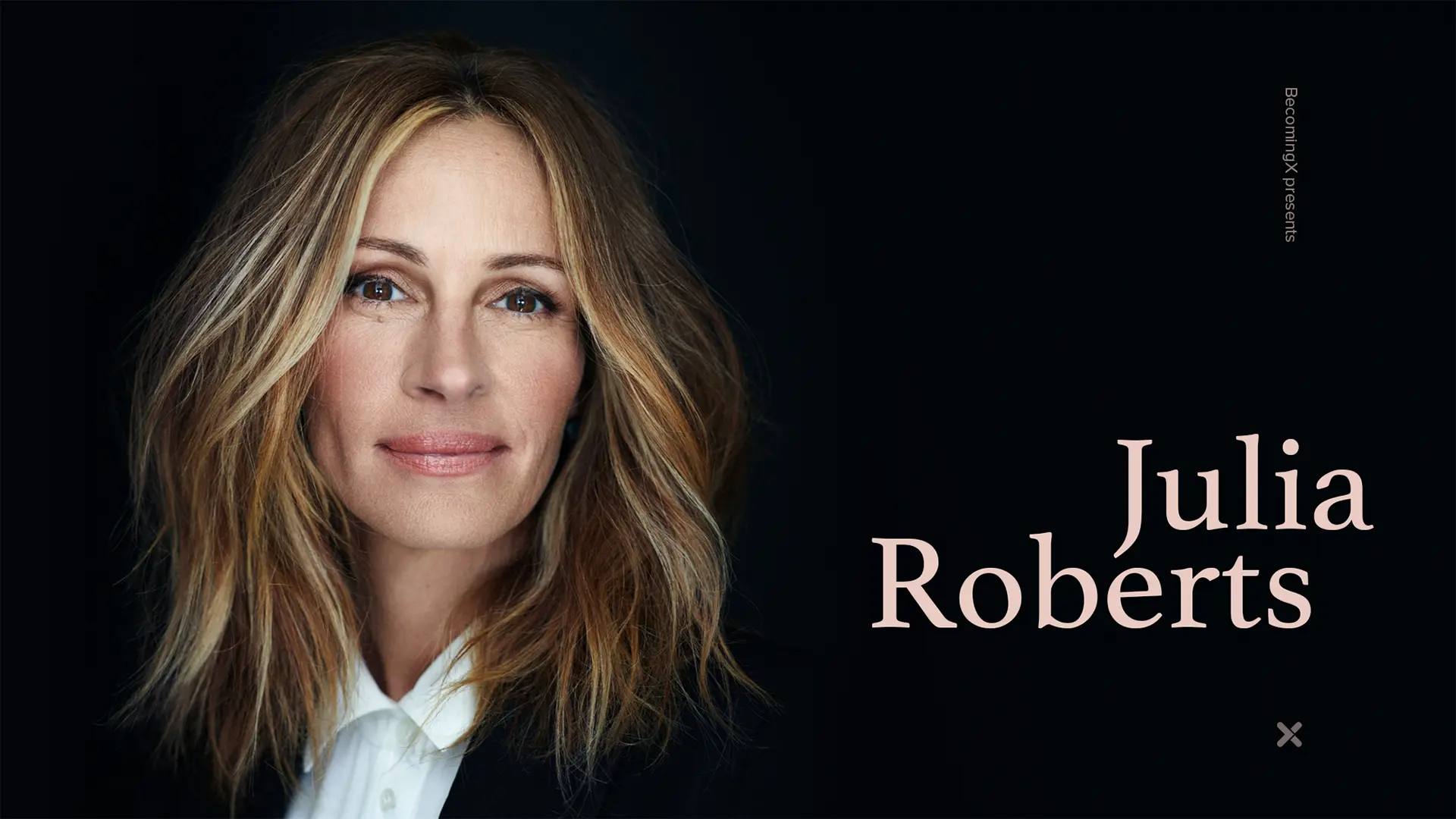 Portrait of Julia Roberts, film star and Oscar winner. Julia Roberts text overlaid.