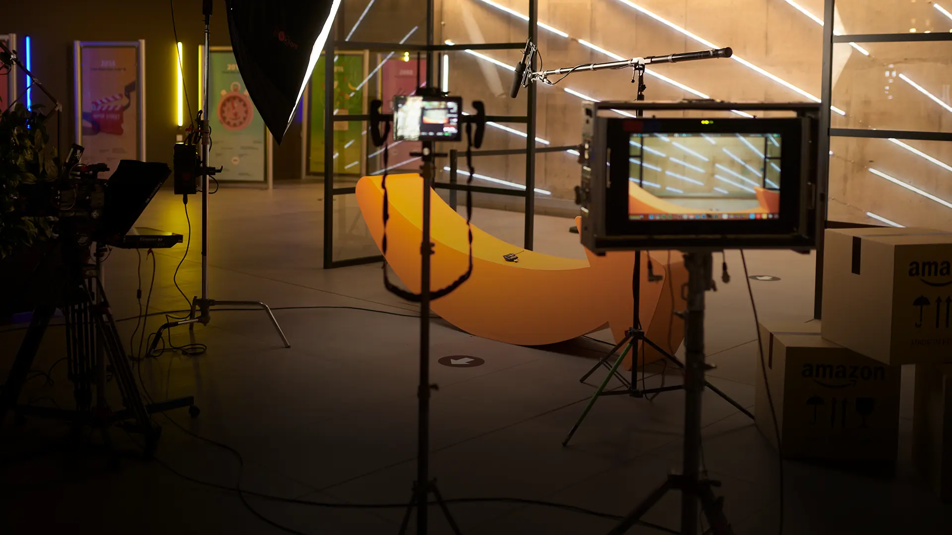 Cameras, lights and microphones set up for a film project for Amazon