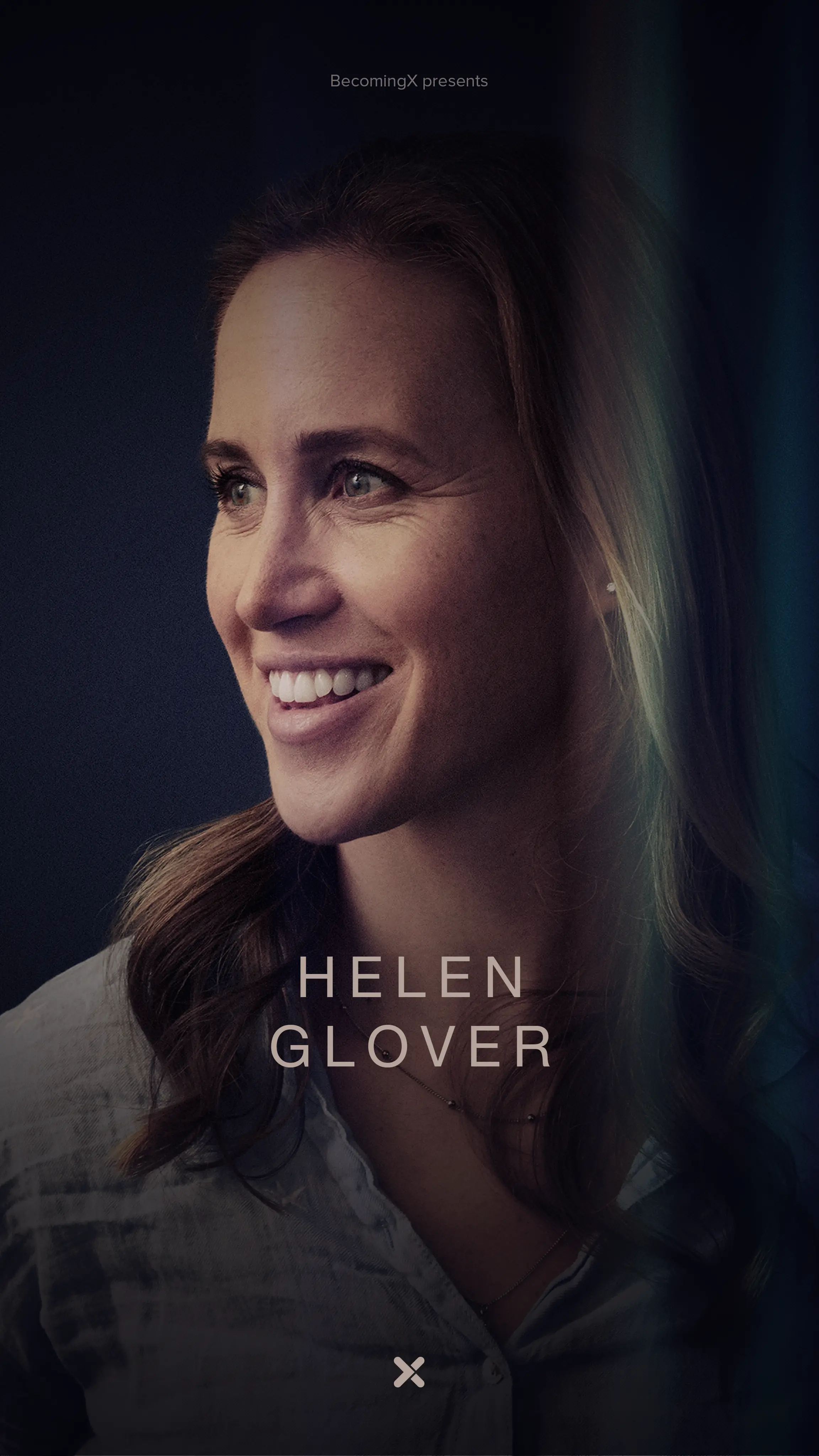 Portrait of Helen Glover, double Olympic gold medallist rower. Helen Glover text overlaid.