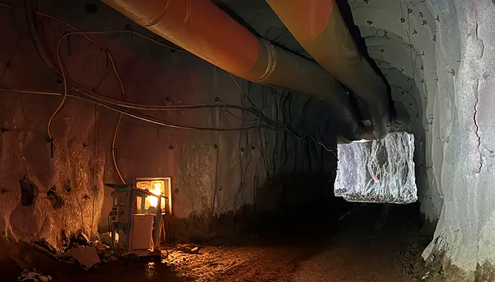 A dimly lit tunnel 1120m below sea level in the Garpenberg Zinc Mine, Sweden