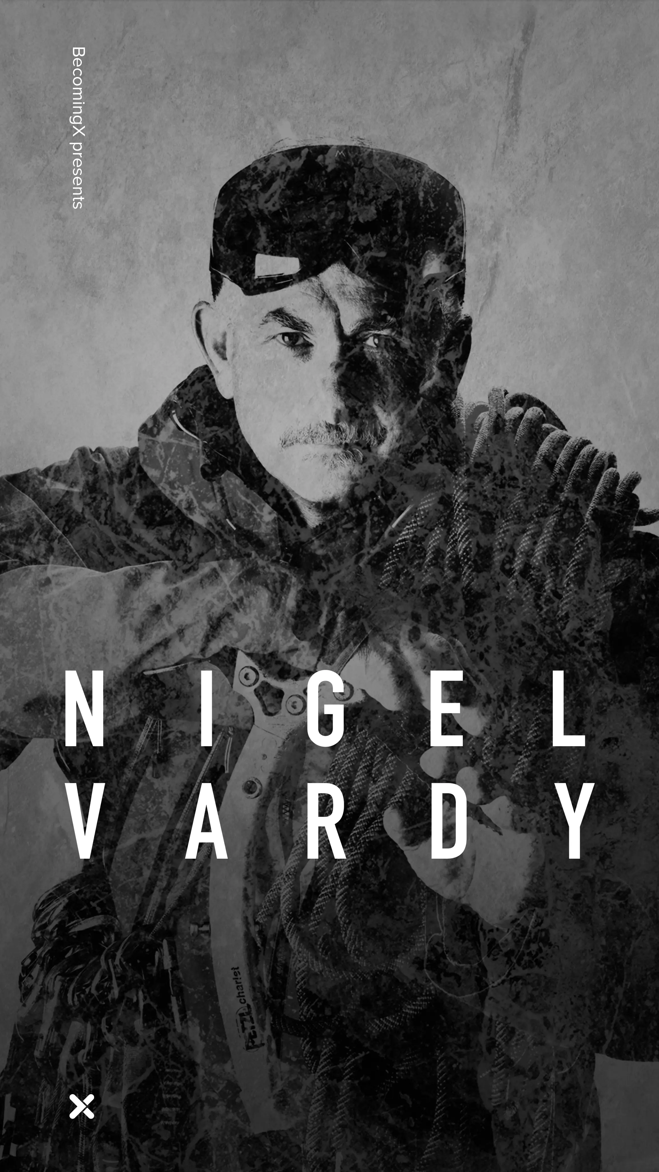 Portrait of Nigel Vardy also known as Mr Frostbite, adventurer and explorer wearing polar gear. Nigel Vardy text overlaid.