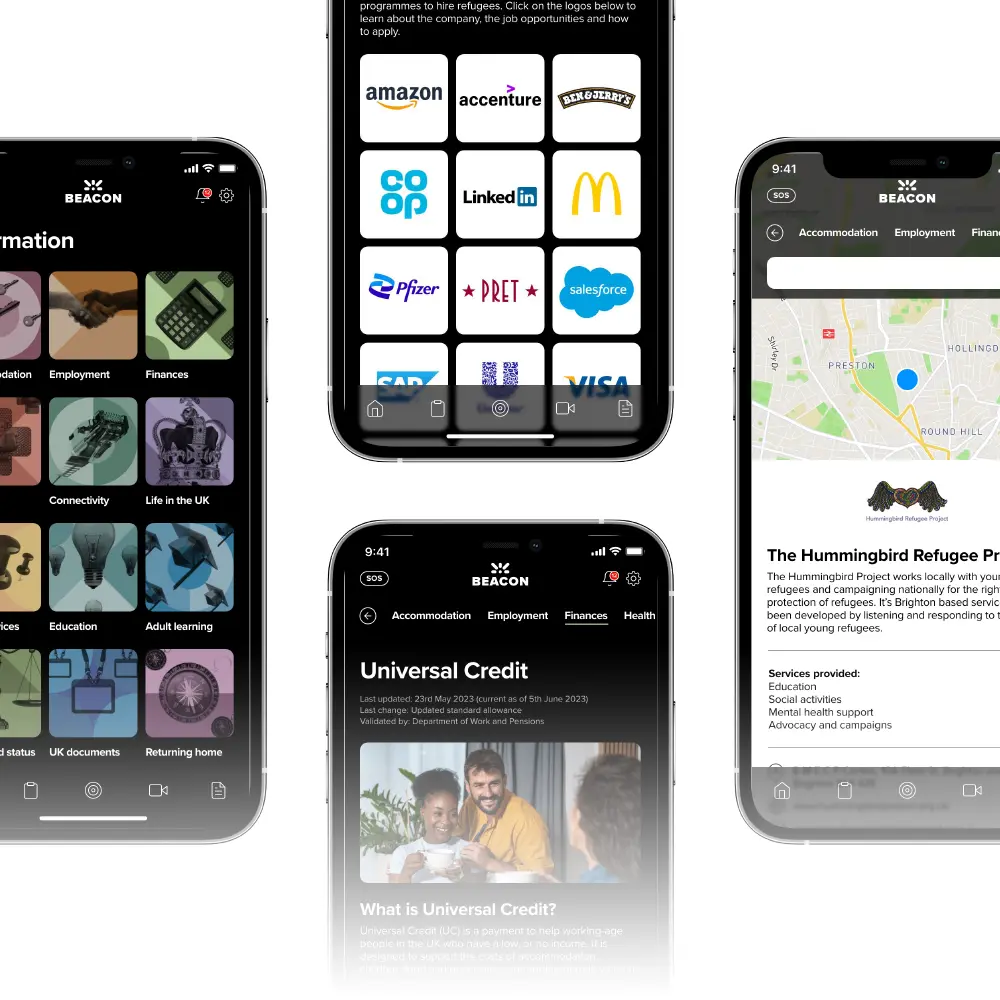 Images of information screens on the Beacon refugee support app