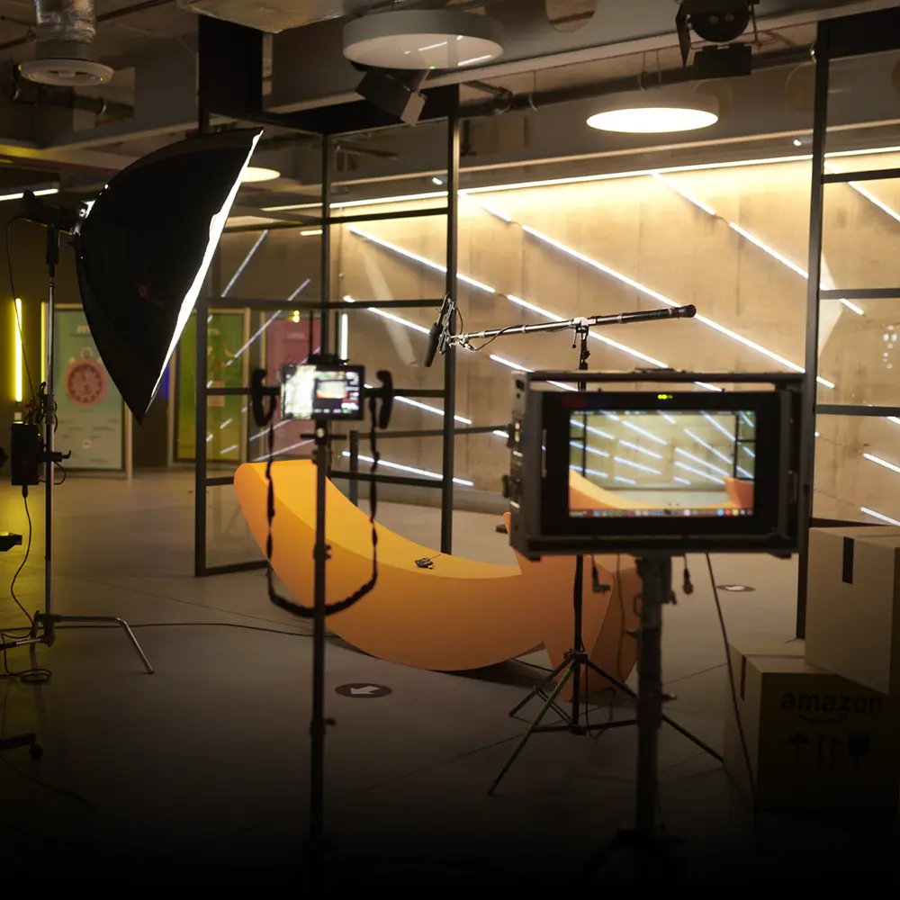 A film studio setup at Amazon ready to interview Amazon employees about careers in computer science.