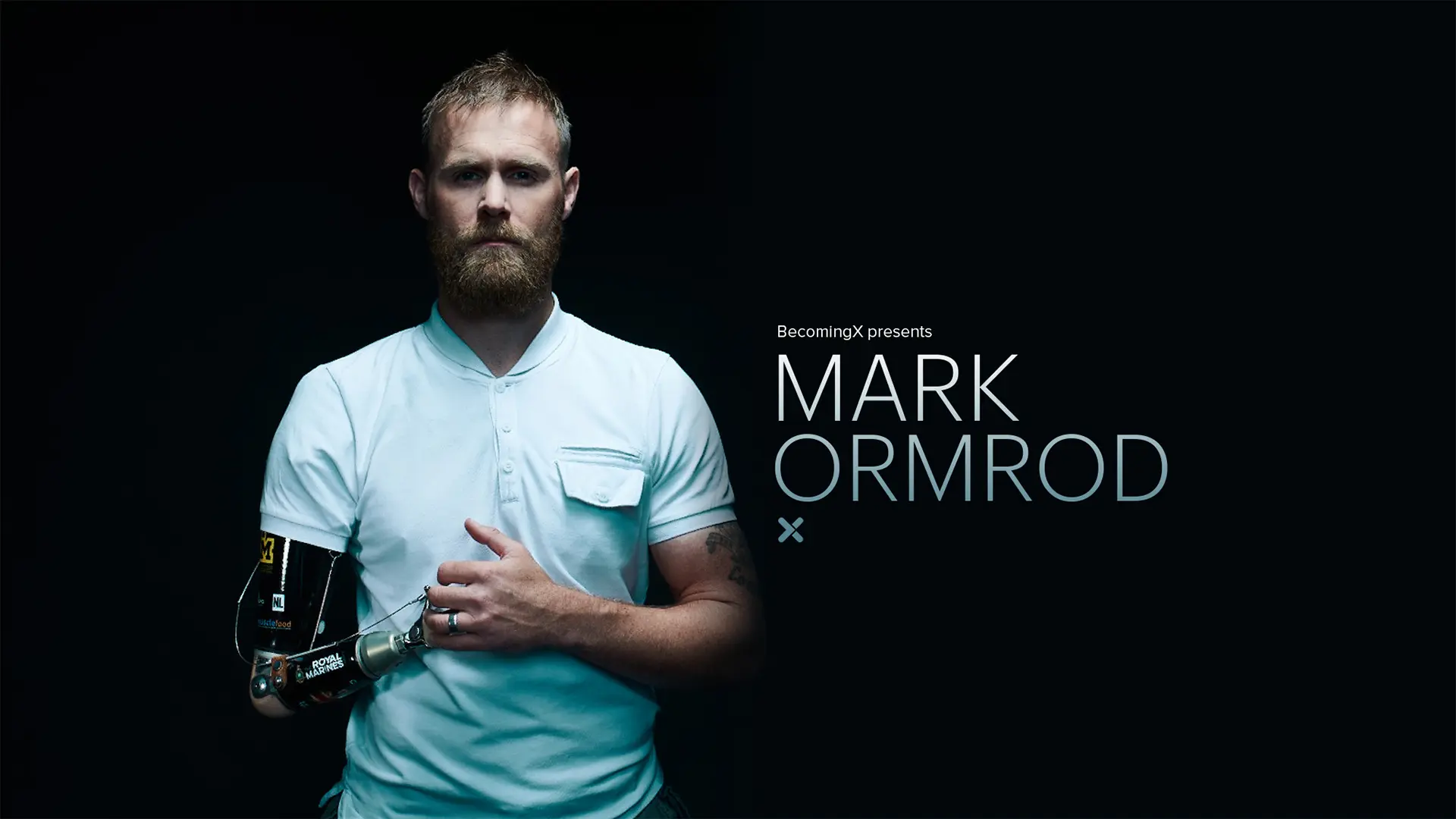 Portrait of Mark Ormrod, veteran and Invictus Games gold medallist, showing his prosthetics. Mark Ormrod text overlaid.