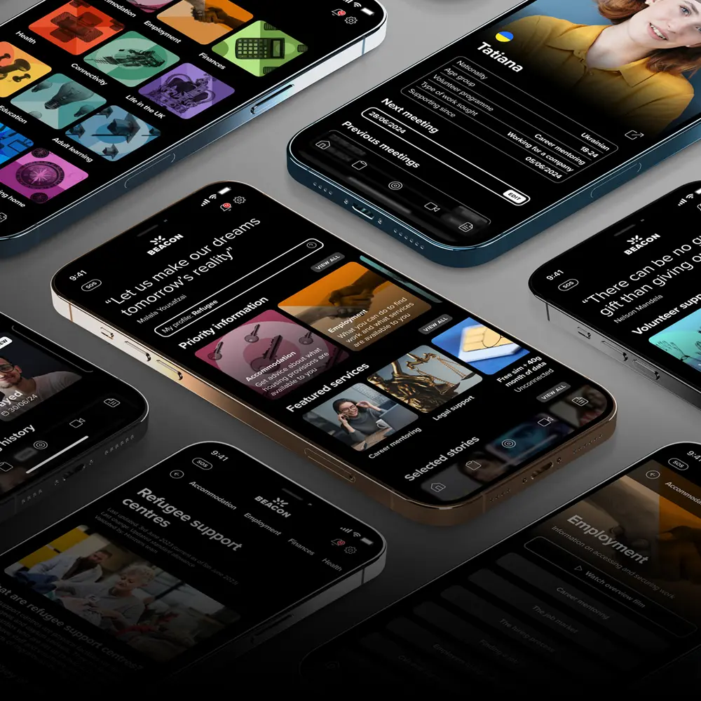 Multiple phones showing screenshots of the Beacon refugee support app, including refugee support centres and mentoring.