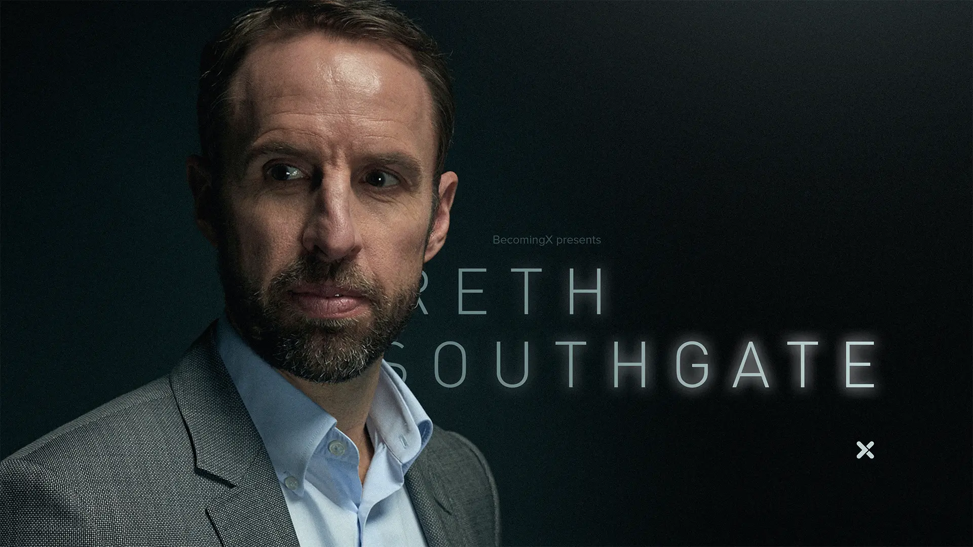 Portrait of Gareth Southgate, former England football player and manager. Gareth Southgate text overlaid.