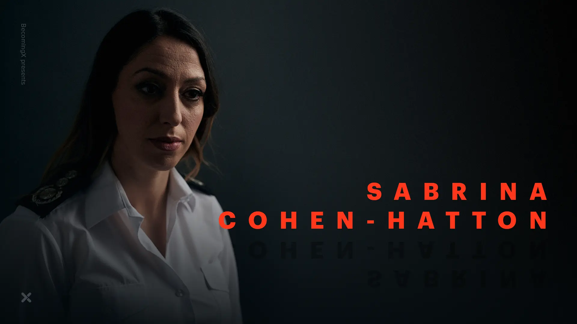 Portrait of Sabrina Cohen-Hatton, formerly homeless Chief Fire Officer, in uniform. Sabrina Cohen-Hatton text overlaid.