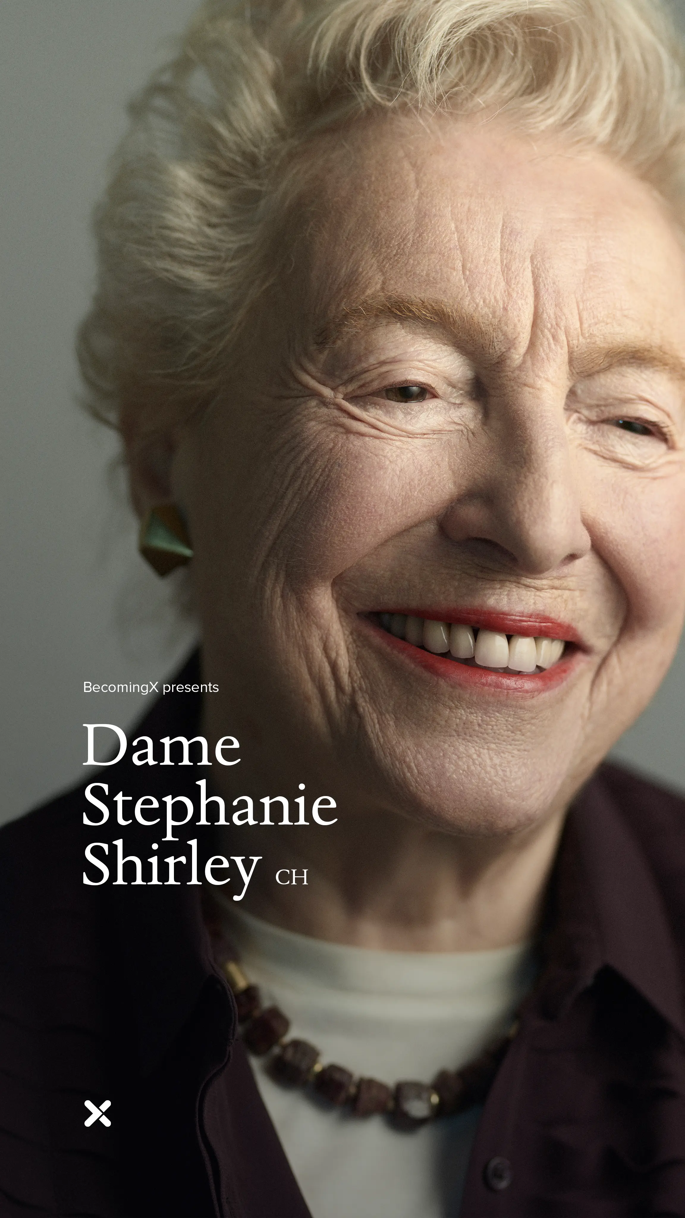 Portrait of Stephanie Shirley, refugee, tech entrepreneur and philanthropist. Dame Stephanie Shirley CH text overlaid.